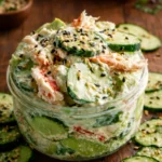 Easy California Roll Cucumber Salad in a glass bowl on a marble surface