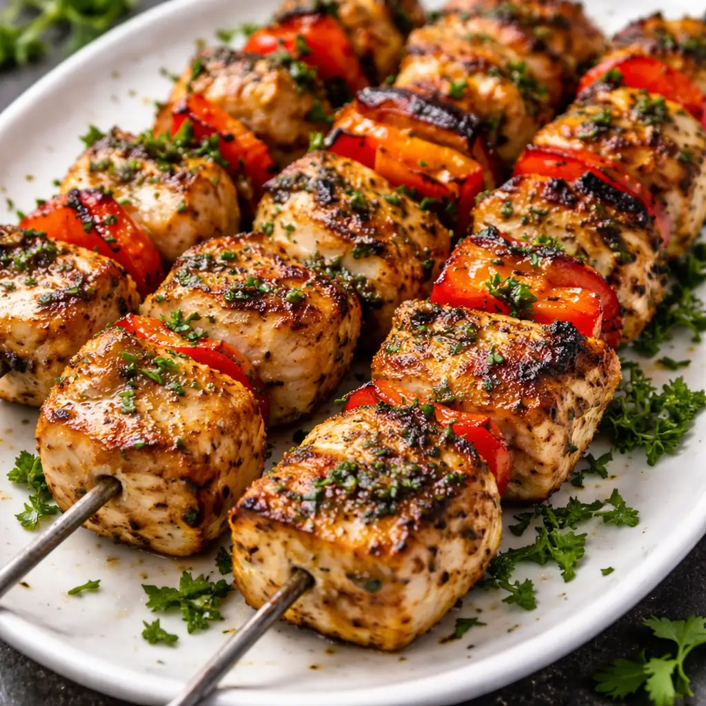 Easy Greek Marinated Chicken Kabobs on a platter with tzatziki sauce