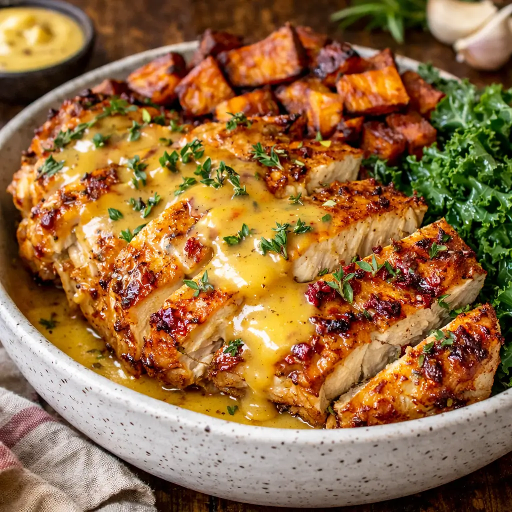 Roasted Easy Maple Dijon Chicken Bowl with sweet potatoes and thyme
