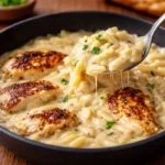 A skillet of creamy Easy Marry Me Chicken Orzo with sliced chicken and spinach.
