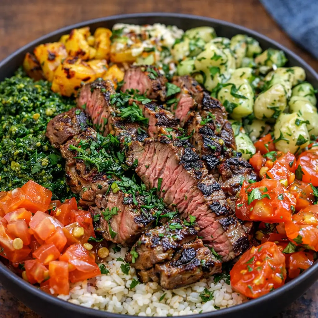 A colorful and Easy Mediterranean Steak Bowl with grilled sirloin and fresh vegetables.
