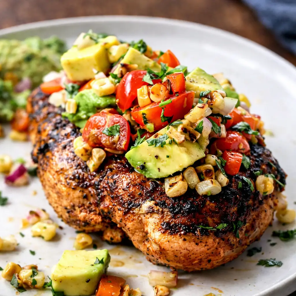 Grilled Fiesta Lime Chicken Recipe with Avocado on a wooden platter.