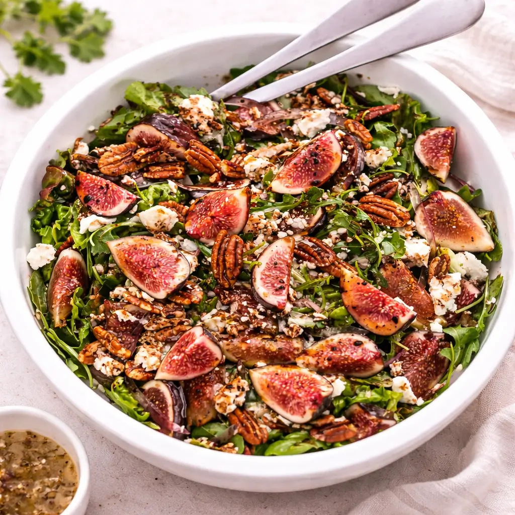 Fig Salad with Arugula and Pecans in a blue bowl