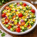 Fresh Corn Salad in a white bowl on a wooden table