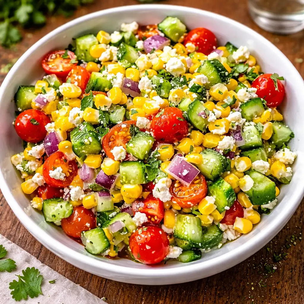 Fresh Corn Salad in a white bowl on a wooden table
