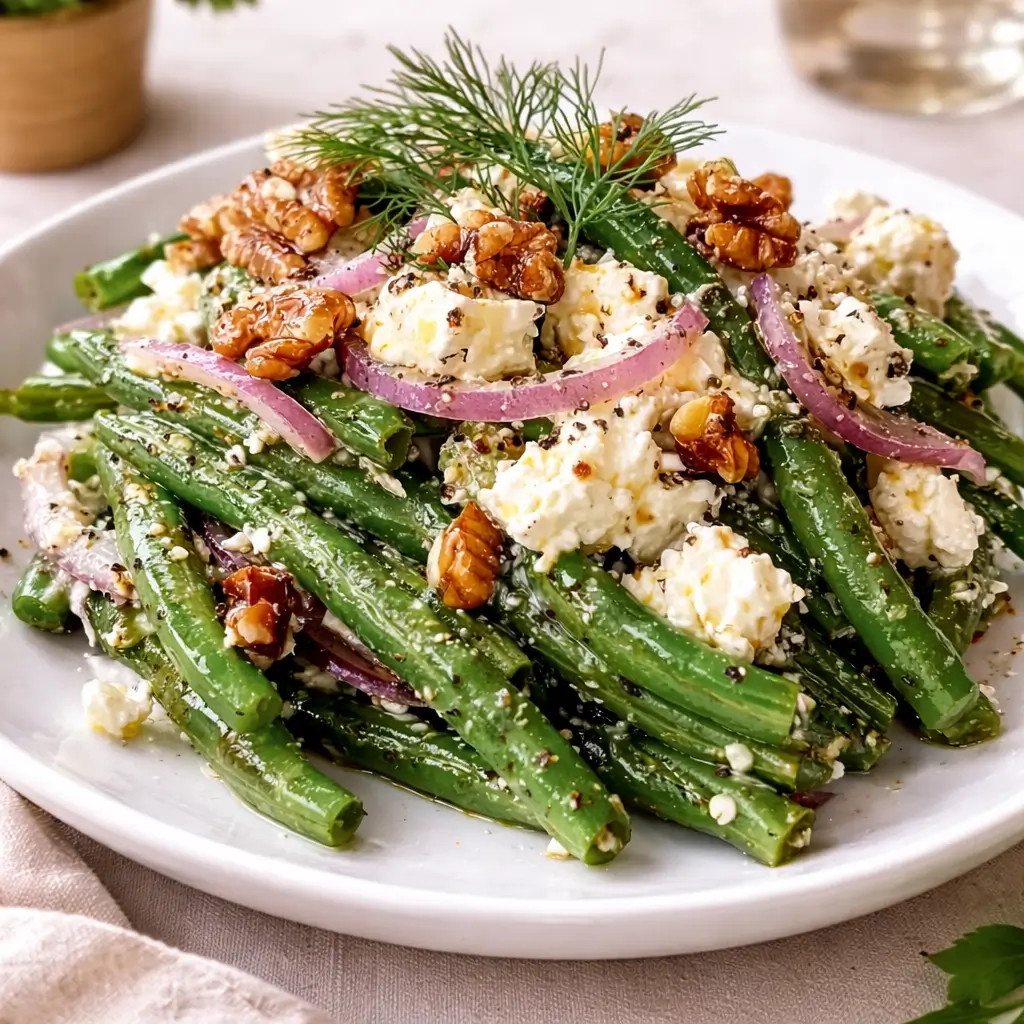 Fresh Green Bean and Feta Salad in a white bowl on a wooden table