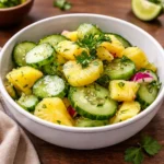 Fresh Pineapple Cucumber Salad in a white bowl on a wooden table.