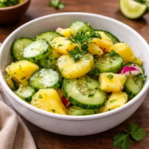 Fresh Pineapple Cucumber Salad in a white bowl on a wooden table.