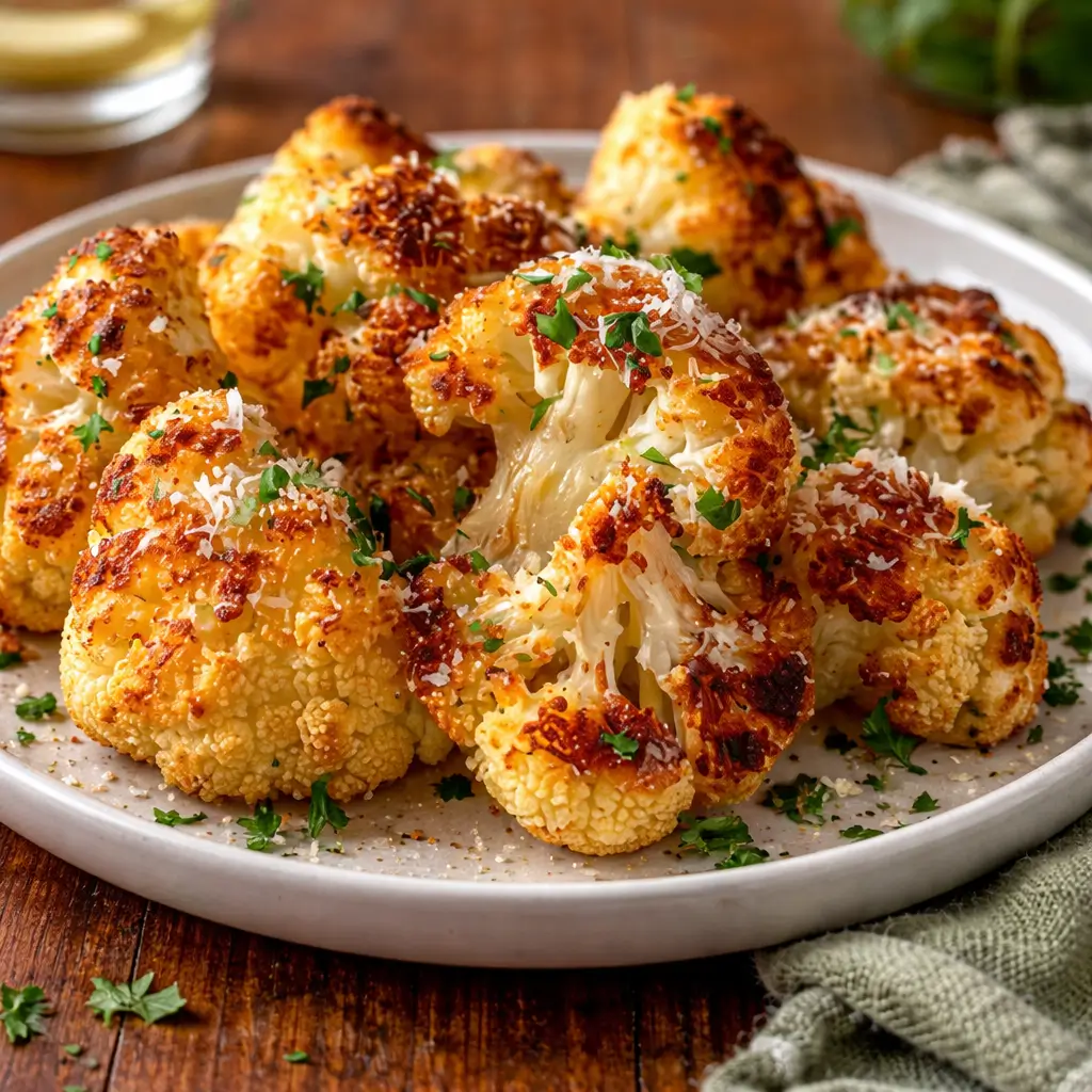 Crispy Garlic-Parmesan Roasted Cauliflower in a serving bowl