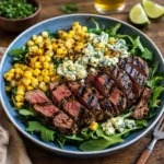 A colorful Grilled Balsamic Steak Salad with sliced beef and blue cheese.