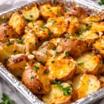 Golden grilled cheesy garlic potatoes in a cast iron skillet.