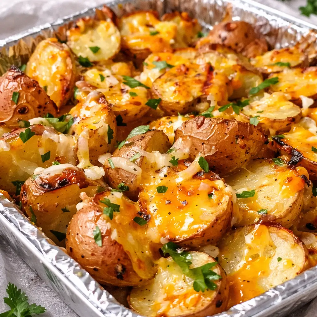 Golden grilled cheesy garlic potatoes in a cast iron skillet.