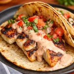 Grilled Fish Tacos with Spicy Mayo and Pico de Gallo on a wooden platter