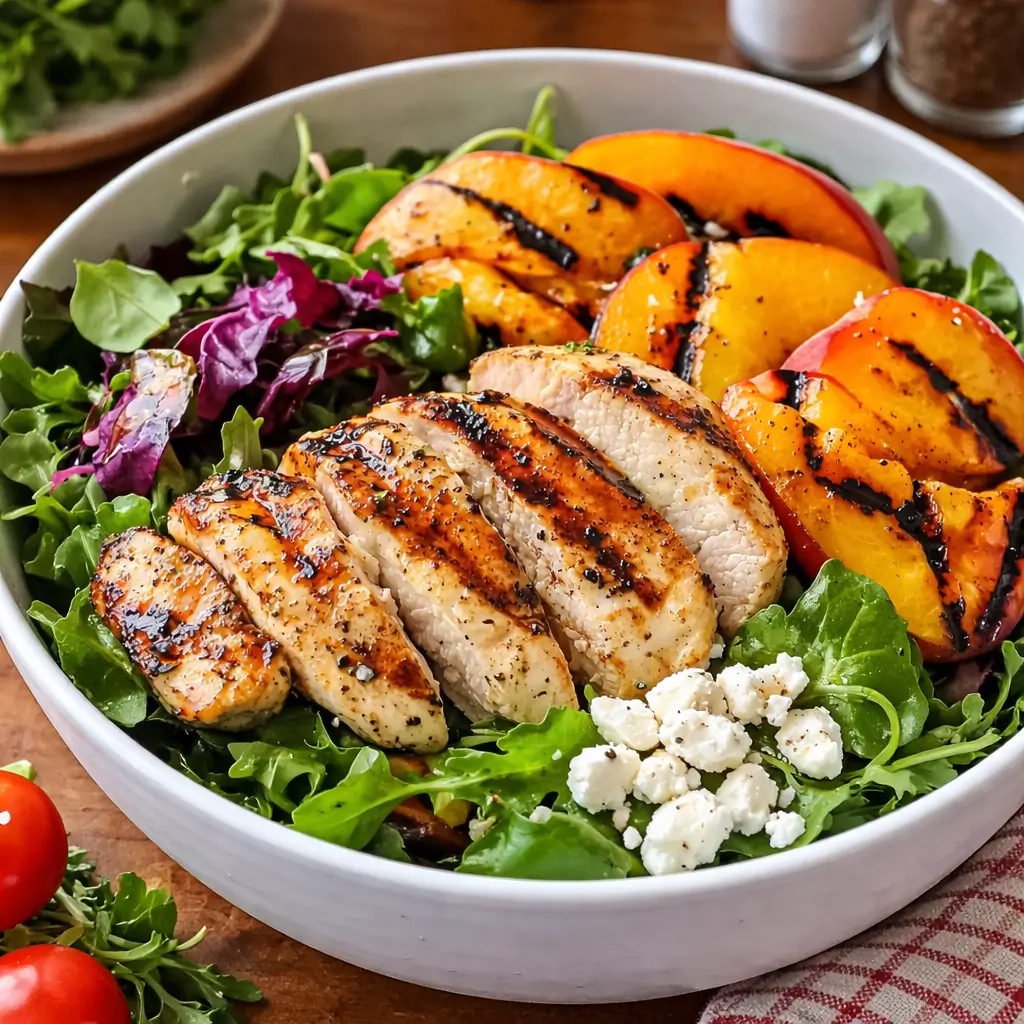 A colorful Grilled Peach and Chicken Salad with goat cheese and balsamic dressing.