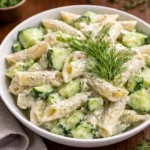A large bowl of Healthy Cucumber Pasta Salad with creamy dressing and fresh dill.