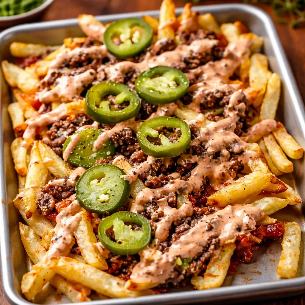 Hearty Smash Burger Fries platter with melted cheese and pickles