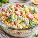 A bowl of homemade fresh ranch pasta salad with tricolor rotini and vegetables.
