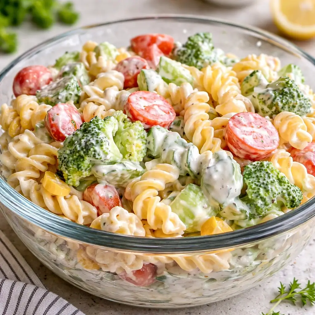 A bowl of homemade fresh ranch pasta salad with tricolor rotini and vegetables.