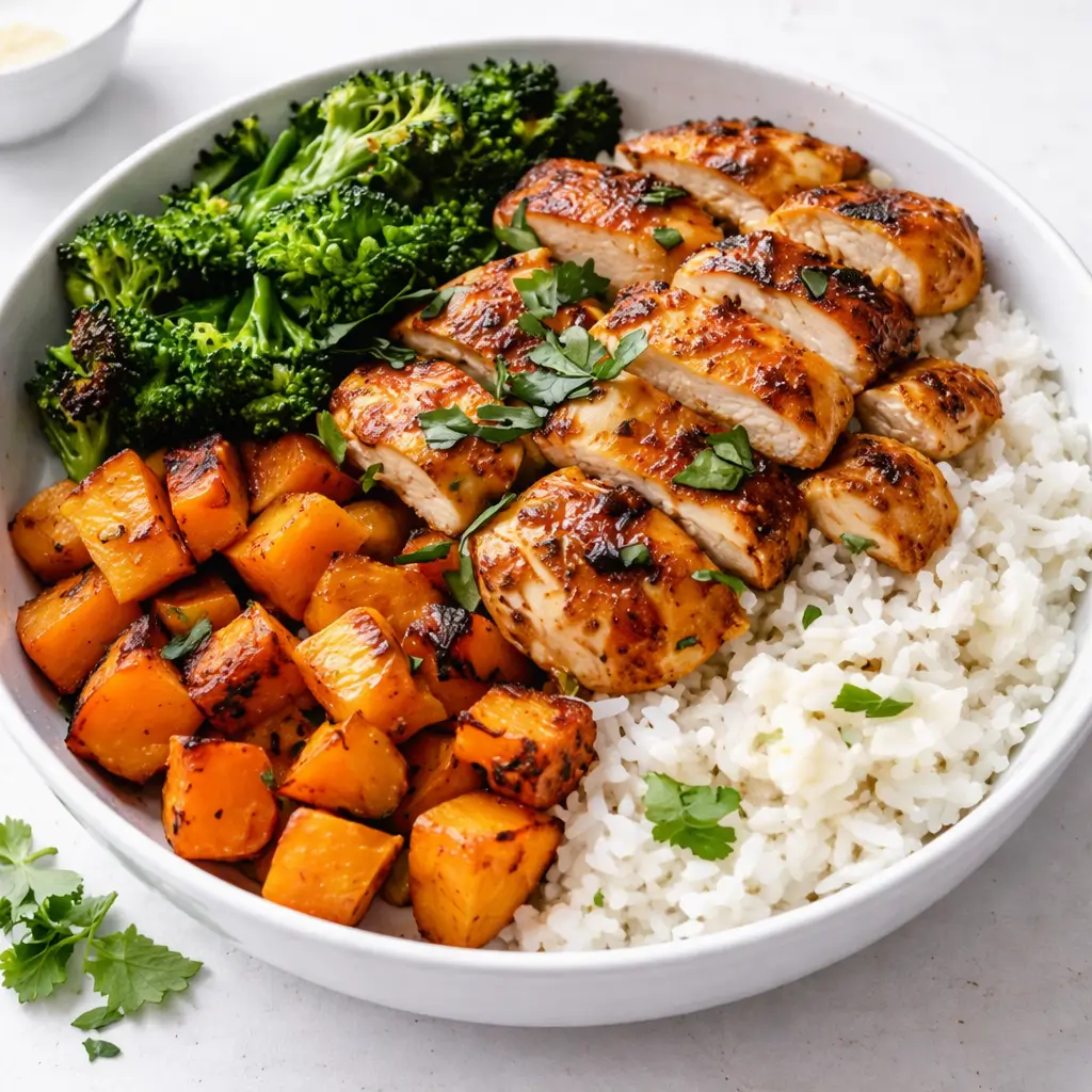 A delicious Hot Honey Chicken Bowl with roasted vegetables and avocado.