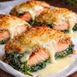 Irresistible Baked Salmon with Spinach and Mozzarella Bliss on a white plate