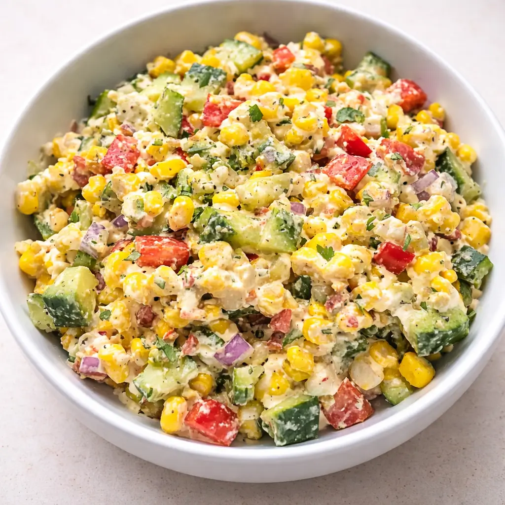 A bowl of Irresistible Corn Salad with fresh vegetables.