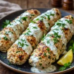 Juicy Chicken Kofta with Garlic Yogurt Sauce on a platter