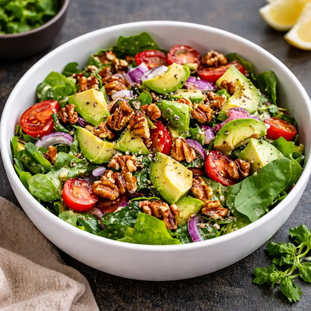 Juicy Spring Salad with Avocado in a wooden bowl