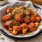 Crispy Korean Baked Cauliflower with spicy gochujang glaze and sesame seeds.