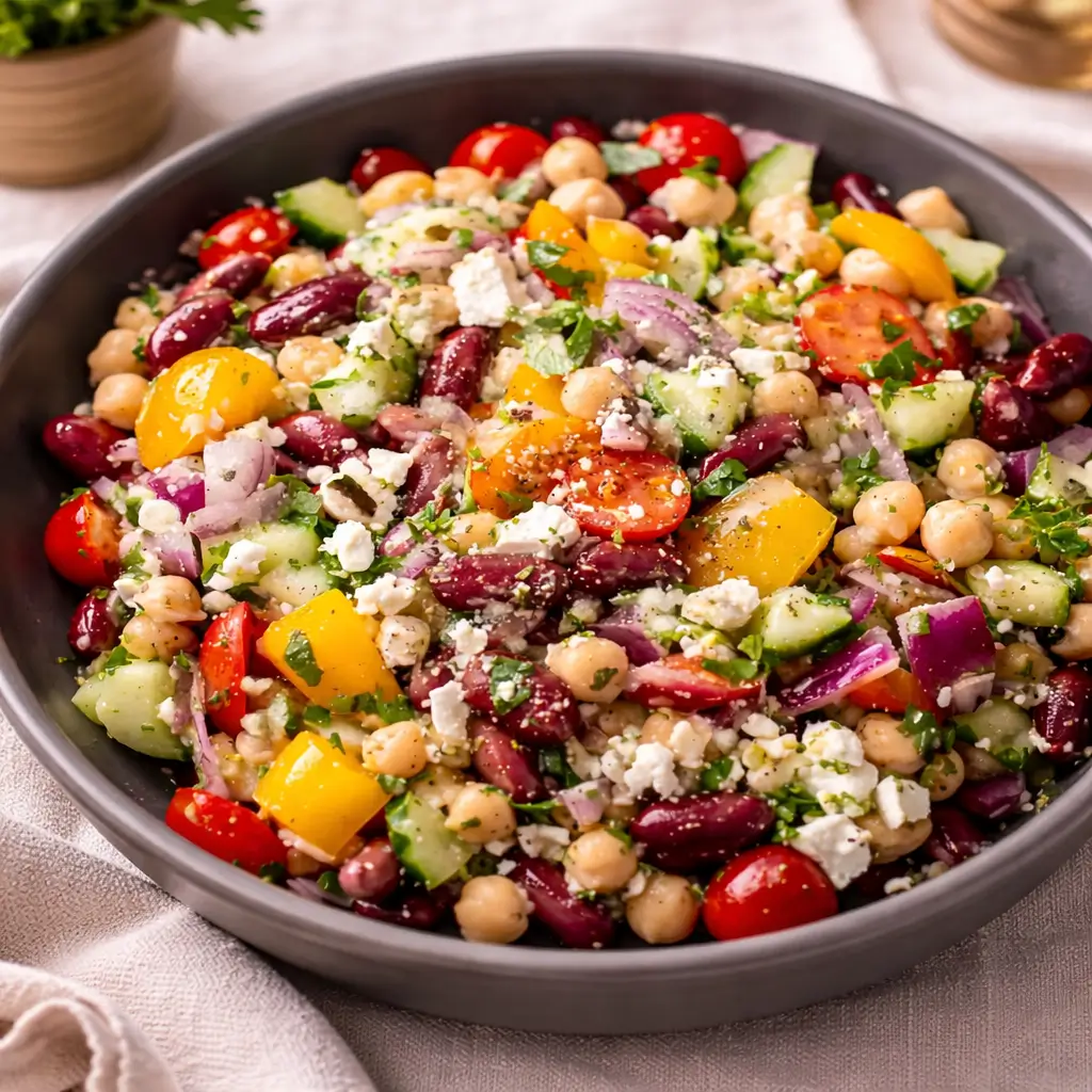 A vibrant bowl of Mediterranean Bean Salad With Feta on a sunlit kitchen counter.