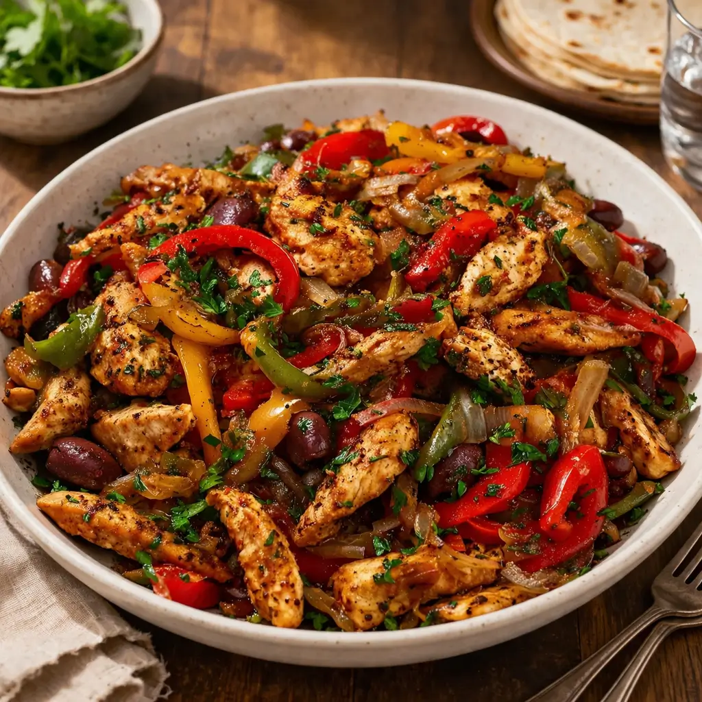 A vibrant Mediterranean Chicken Stir Fry with feta and olives in a skillet.
