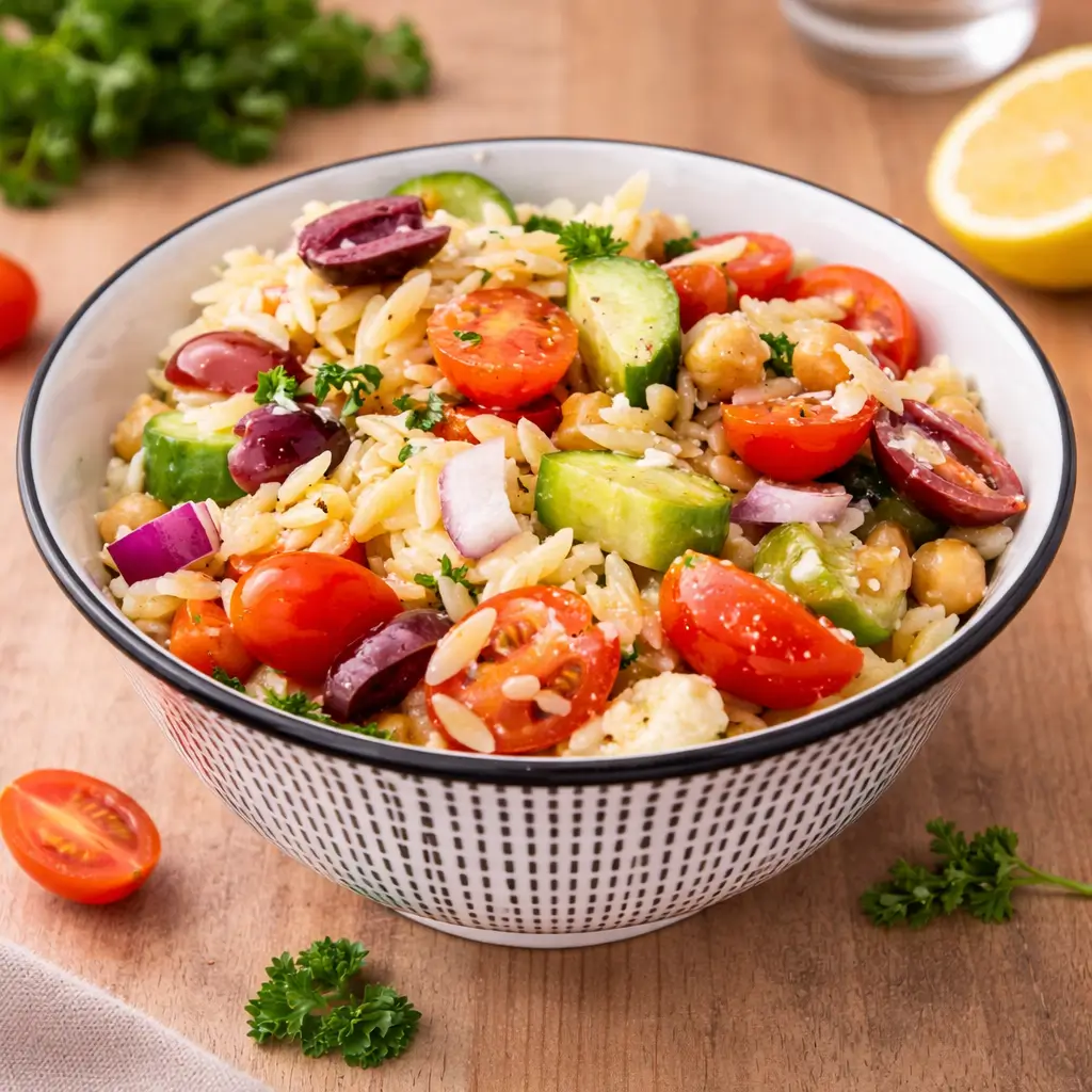 A vibrant Mediterranean Orzo Pasta Salad with feta and tomatoes in a white bowl.