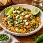 Mexican Street Corn Quinoa Salad in a rustic bowl with lime and cilantro