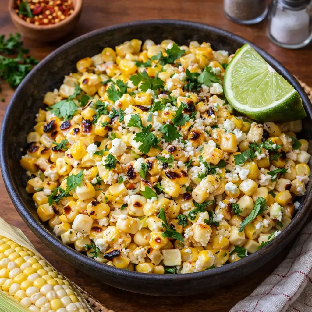 Mexican Street Corn Salad in a blue bowl with lime and cilantro.