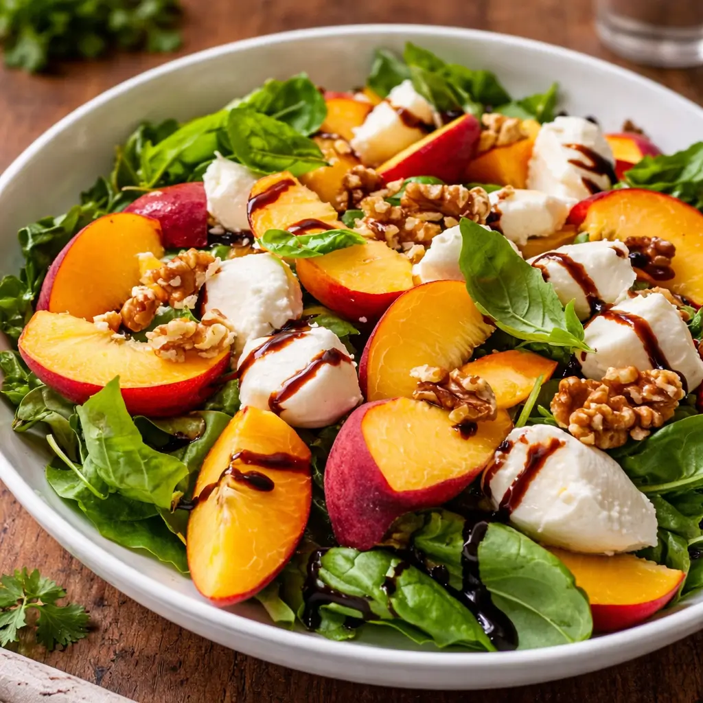A fresh Millionaire Peach Salad with balsamic glaze and mozzarella.