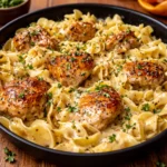 One-Pan Creamy Garlic Butter Chicken with Egg Noodles in a skillet