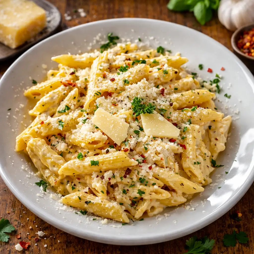 A bowl of One Pot Creamy Garlic Pasta topped with parsley