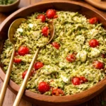 A bowl of fresh Orzo Pesto Salad with tomatoes and mozzarella
