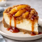 Whole Peach Cobbler Cheesecake with golden crumble topping