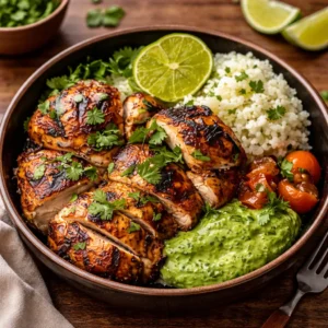 Juicy Peruvian Grilled Chicken on a platter with green sauce