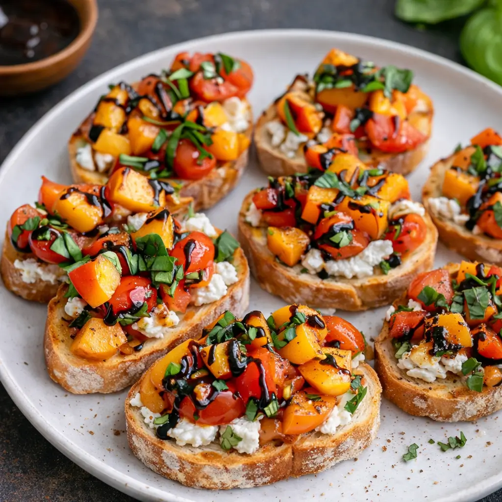 Close-up of Quick Peach Bruschetta with Whipped Ricotta on a wooden board.