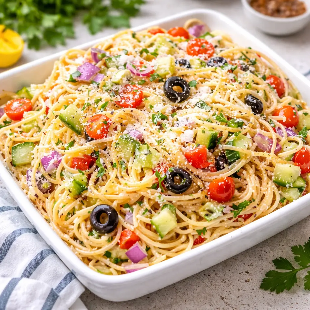 Quick Spaghetti Salad With Italian Dressing in a white bowl