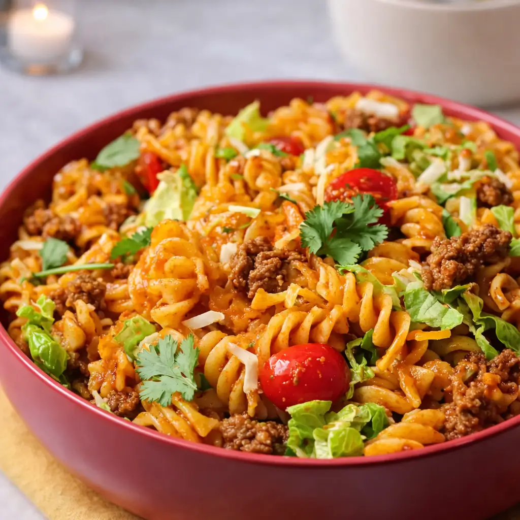 A vibrant bowl of Quick Taco Pasta Salad with Doritos and fresh vegetables.