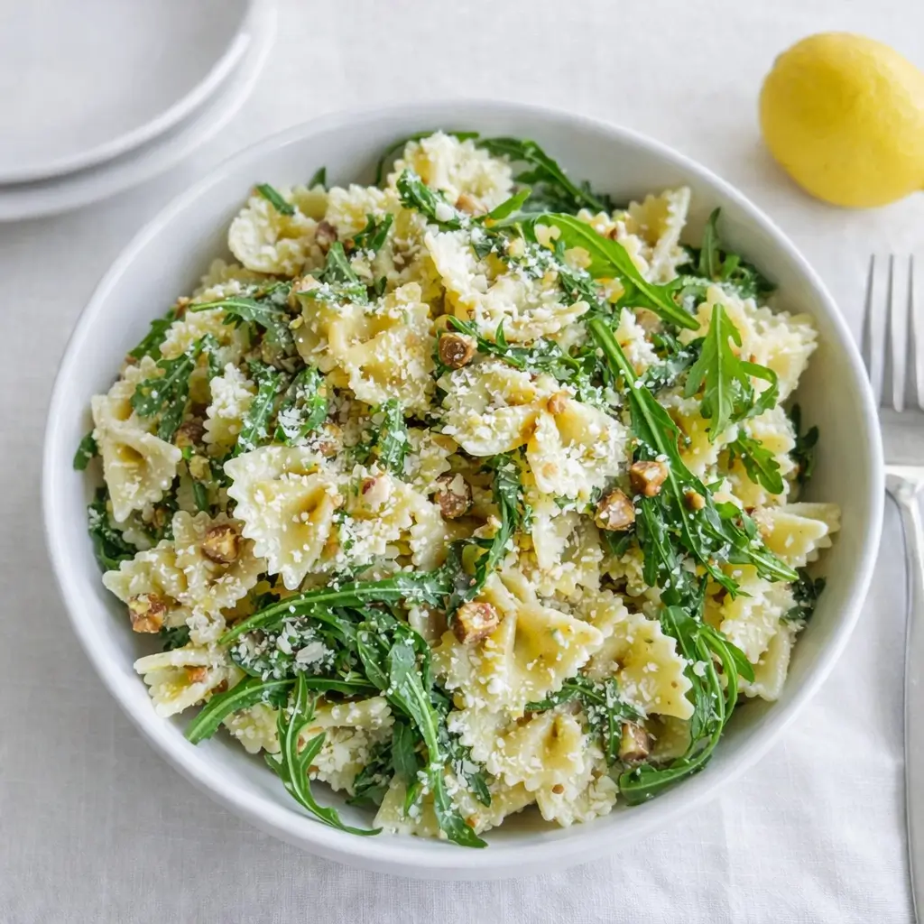 A bowl of Refreshing Lemon Arugula Pasta Salad with tomatoes and parmesan.