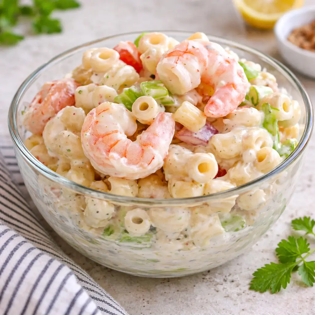 Refreshing Shrimp Pasta Salad in a white bowl on a wooden table.