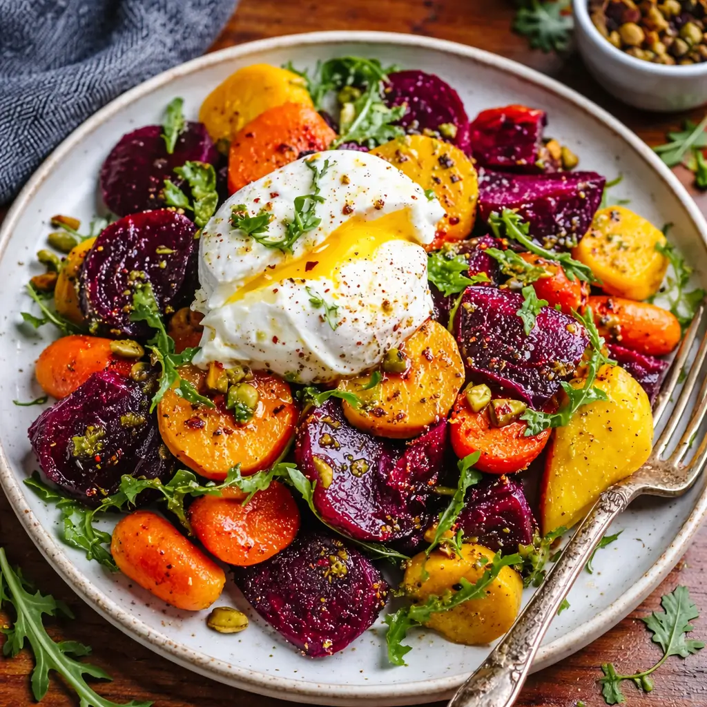Roasted Beets and Carrots Salad with Burrata on a platter