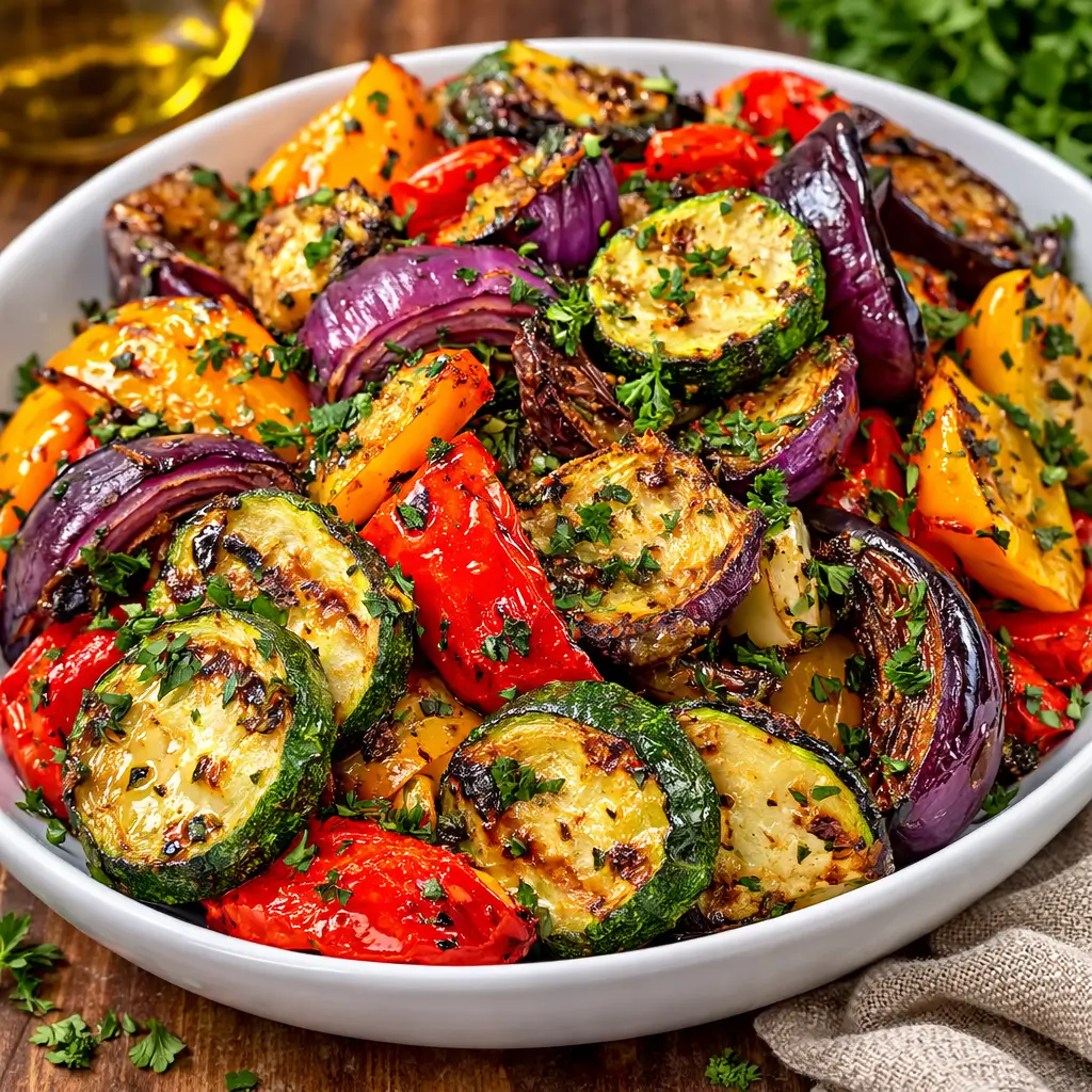 A tray of Roasted Mediterranean Greek Vegetables with feta and parsley