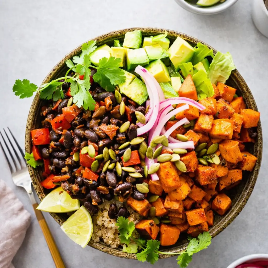 Roasted Sweet Potato Black Bean Bowl with avocado and crema
