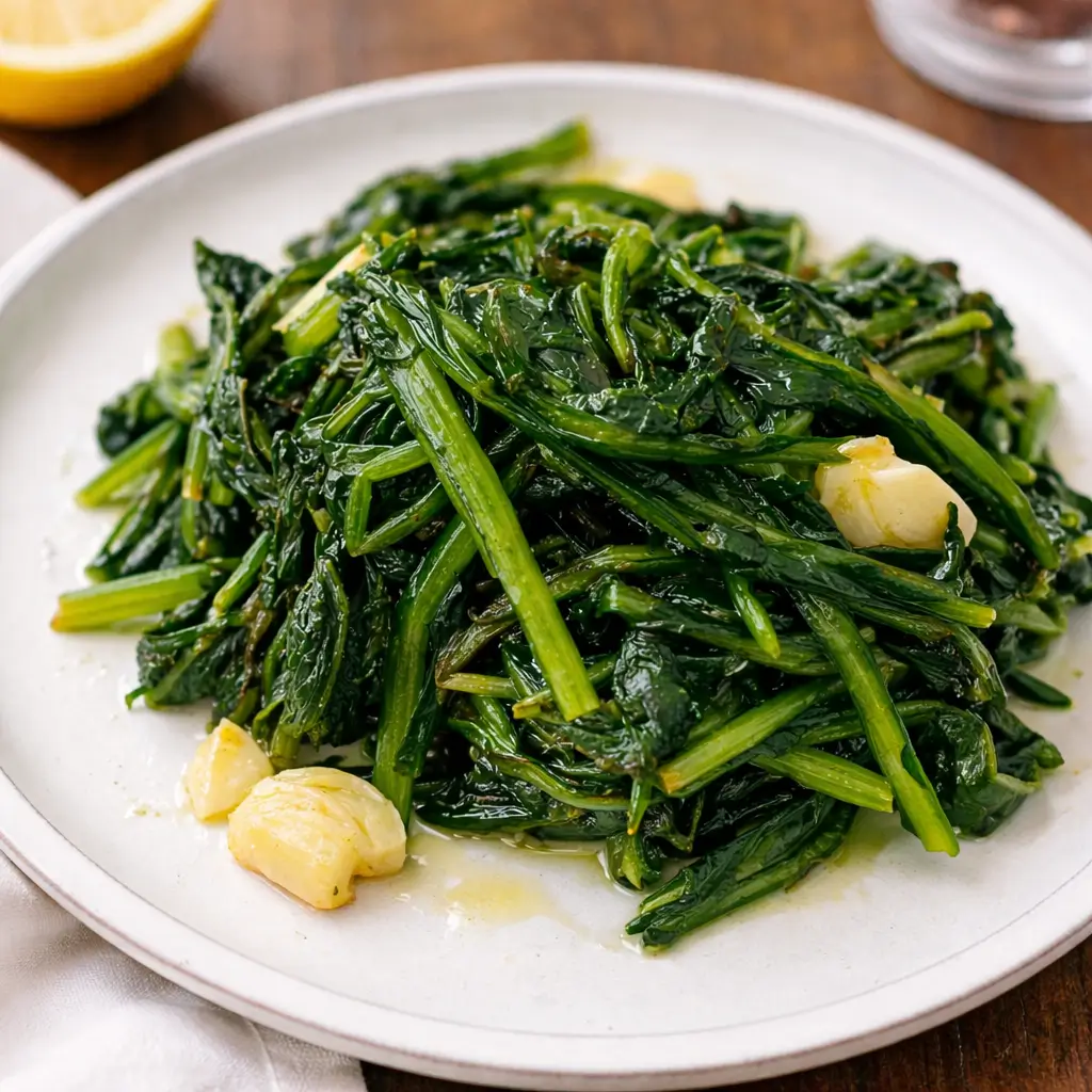 Sautéed Dandelion Greens with Garlic on a white plate with lemon.