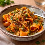 Sesame Ginger Carrot Ribbon Salad in a white bowl on a wooden table