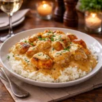 Smothered Chicken and Rice in a white bowl on a wooden table